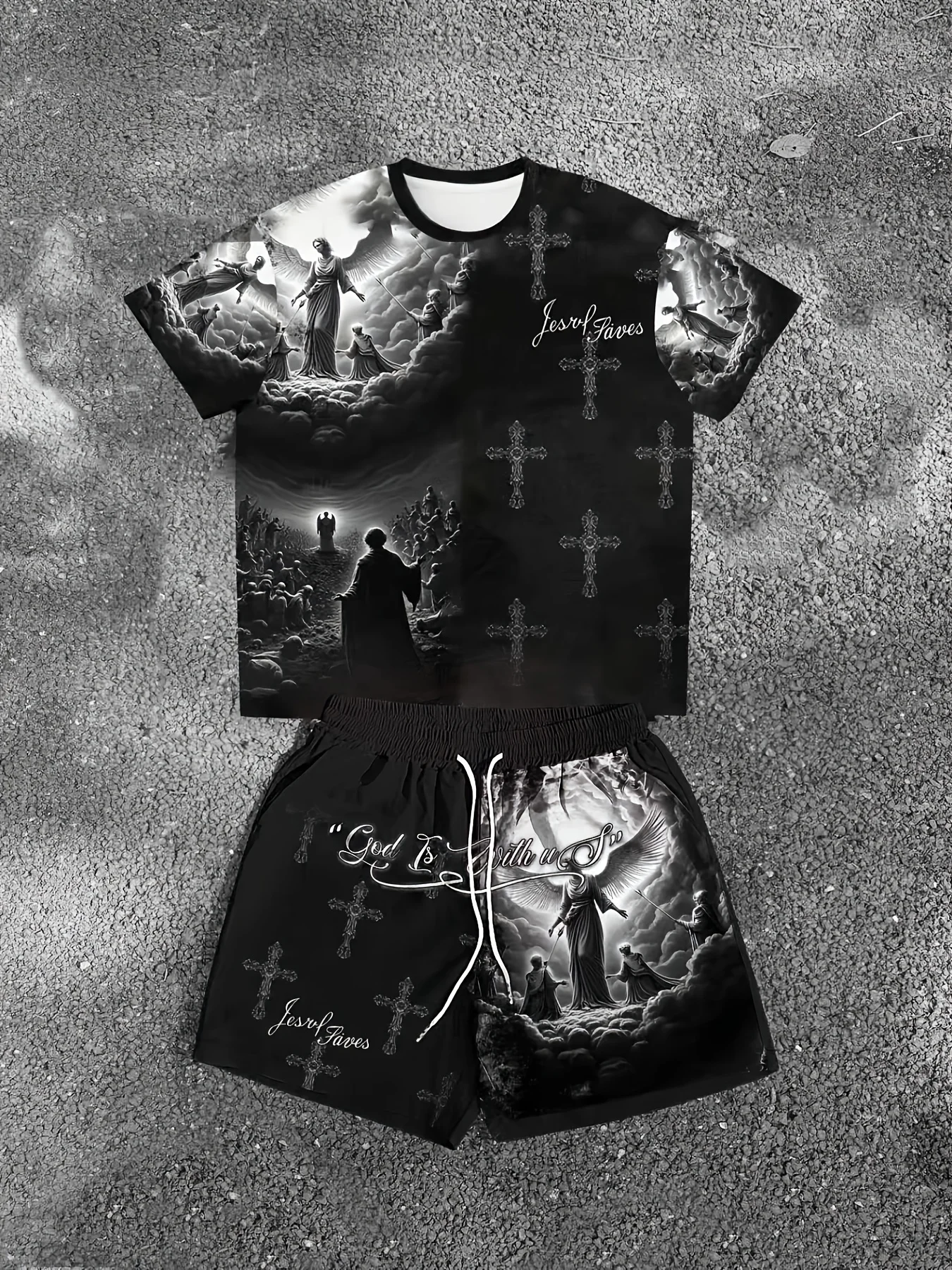 Summer Men's Angel Christ Printed Comfortable Breathable Round Neck T-shirt Shorts Taochuang Outdoor Casual Fashion Clothing - Image 6