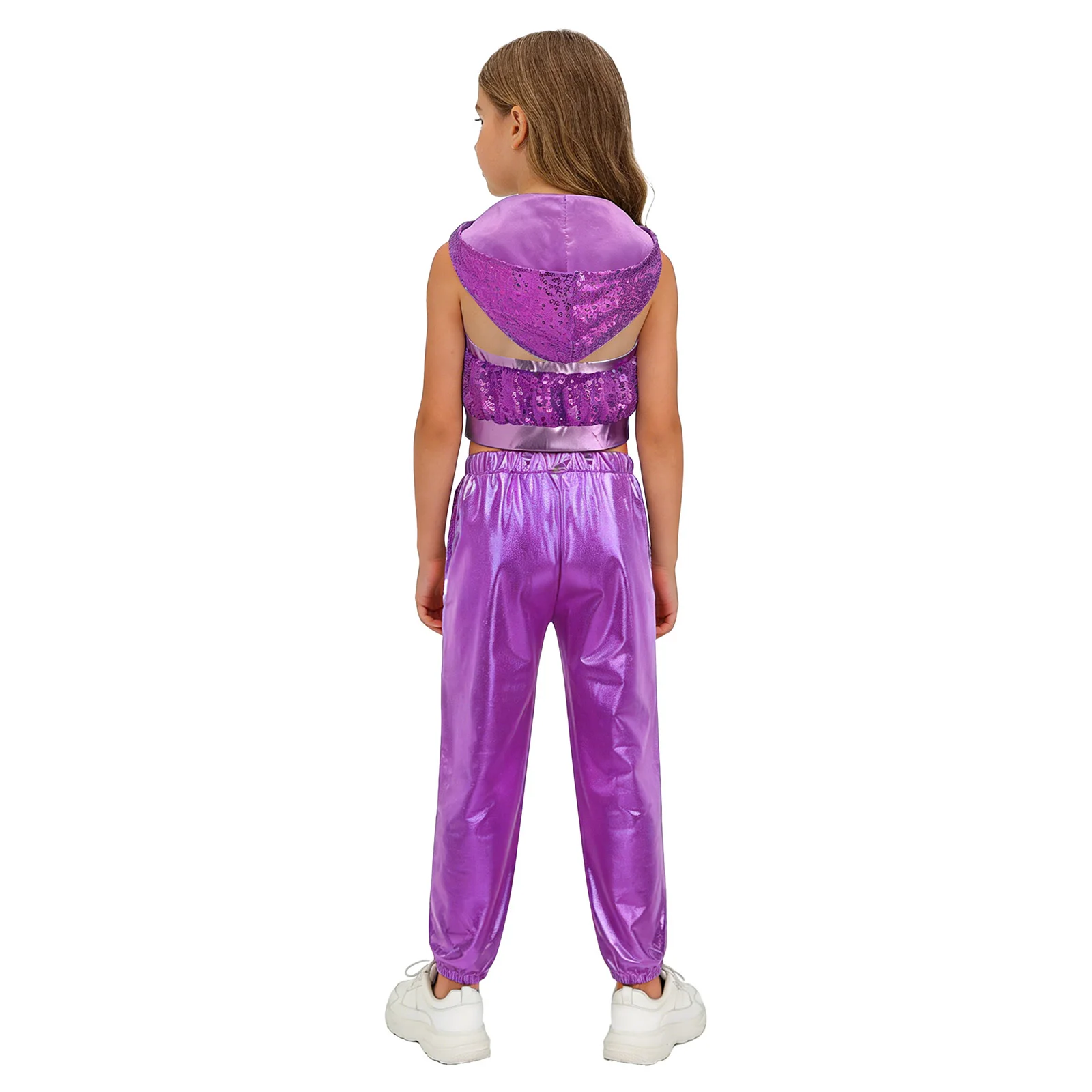 Kids Girls Hip-Hop Jazz Dance Modern Street Costume Outfits Sleeveless Sparkly Sequins Hooded Crop Top with Metallic Pants - Image 3