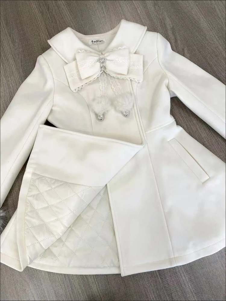 Japanese Autumn Winter Elegant Kawaii Coat Women Faux Fur Collar Long Sleeve Tops Casual Lolita Bow Button Warm Sweet Jacket - Image 3