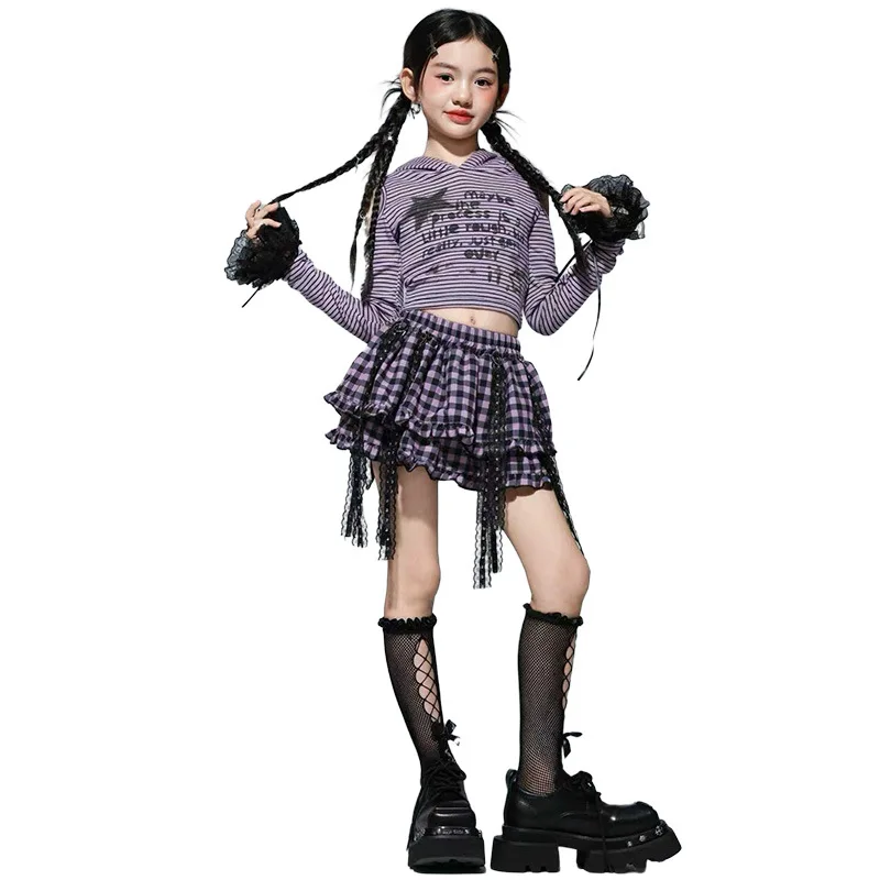 Girls Hip Hop Striped Top And Plaid Skirt Set Street Dance Fashion K-pop Streetwear Group Jazz Cheerleader Costumes Cool Outfit - Image 5