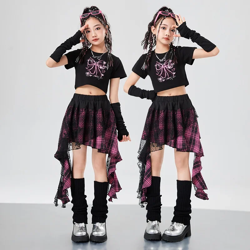 Hip Hop Girls Crop Top Street Dance Gauze K-pop Plaid Skirts Kids Streetwear Children Jazz Cheerleader Costumes Clothes Sets - Image 2
