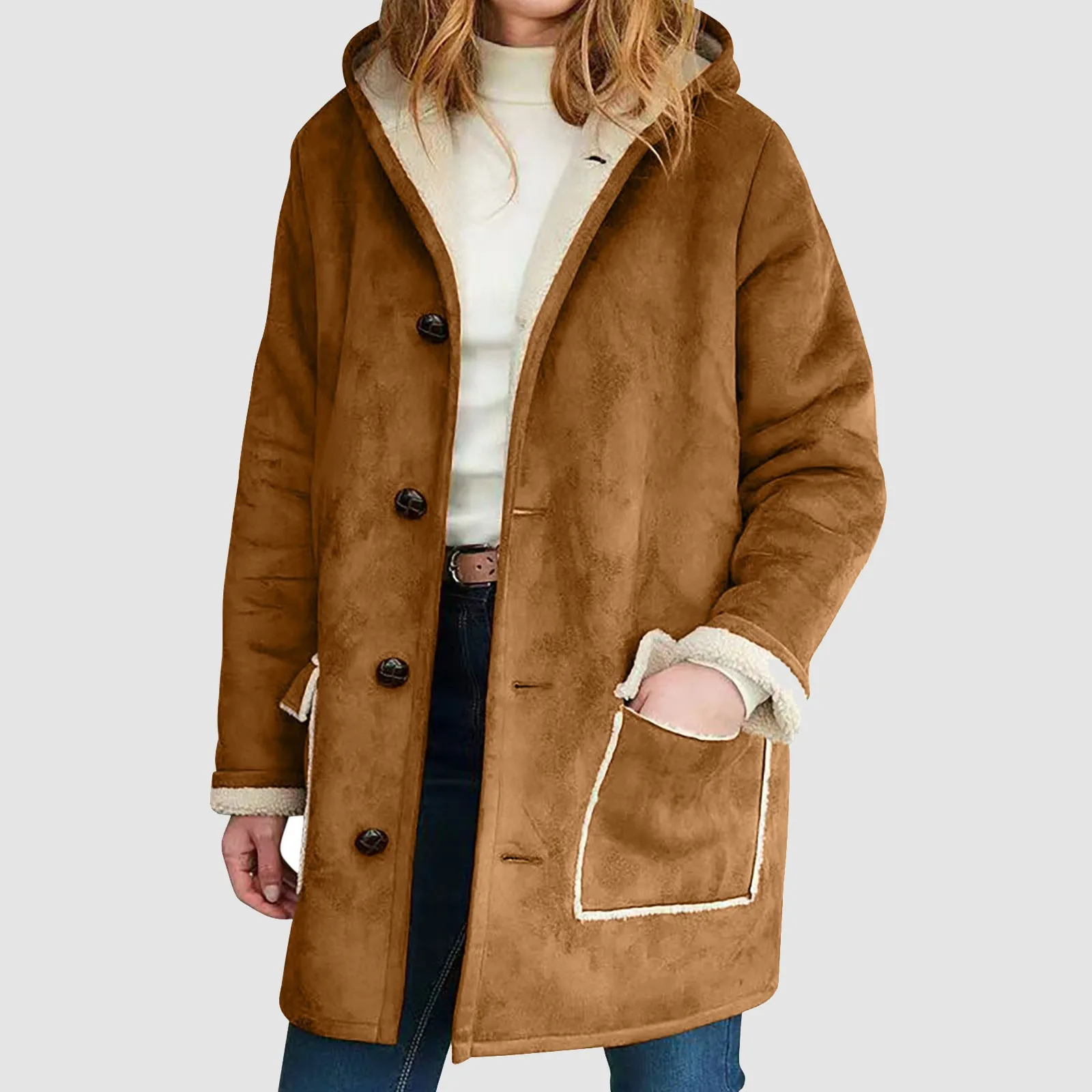 Winter Suede Leather Jackets For Women Streetwear Ladies Warm Hooded Thick Outerwear Casual Button Down Cardigan Fleece Jacket