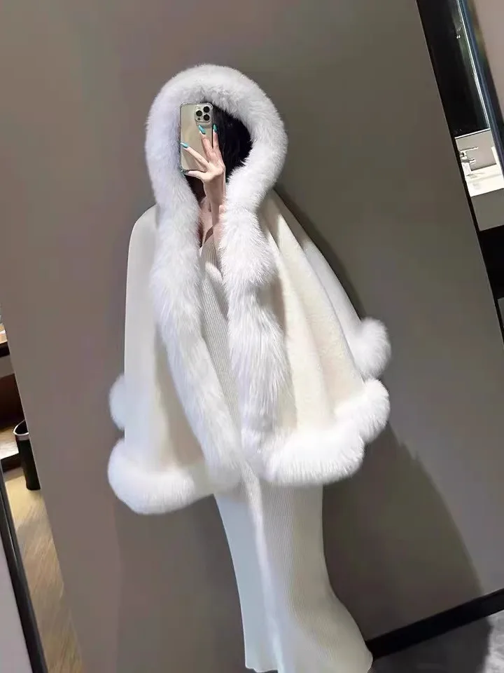 Chic Faux Fur Shawl Collar Hooded Coat Sweet Girl Plush Seductive Cowl Neck Long Sleeve Women's Thickened Autumn Winter Coat