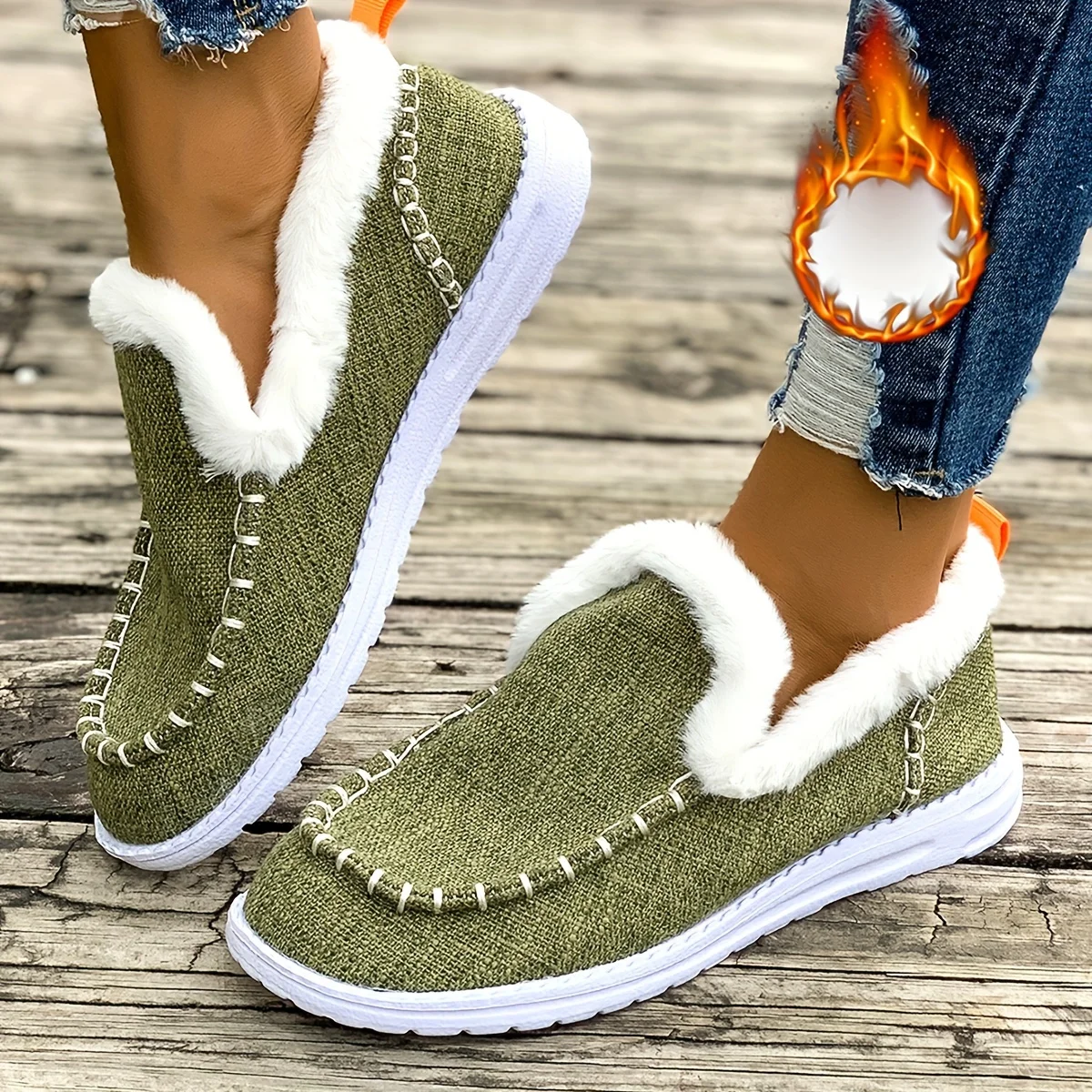 Women Winter Denim Fabric Fuzzy Fleece Lined Loafers Slip On Warm Moccasin Shoes Non Slip Wear-resistant Soft Sole Platform Casual Walking Ankle Snow Boots Comfort Thermal Flats for Daily Driving Outdoor Indoor Home Wear Multi Fashion Colors Available