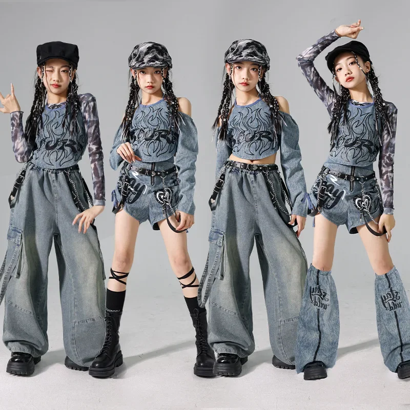 Girls K-pop Denim Crop Top Street Dance Cargo Jeans Pants Kids Hip Hop Jazz Shorts Clothes Set Children Streetwear Stage Costume