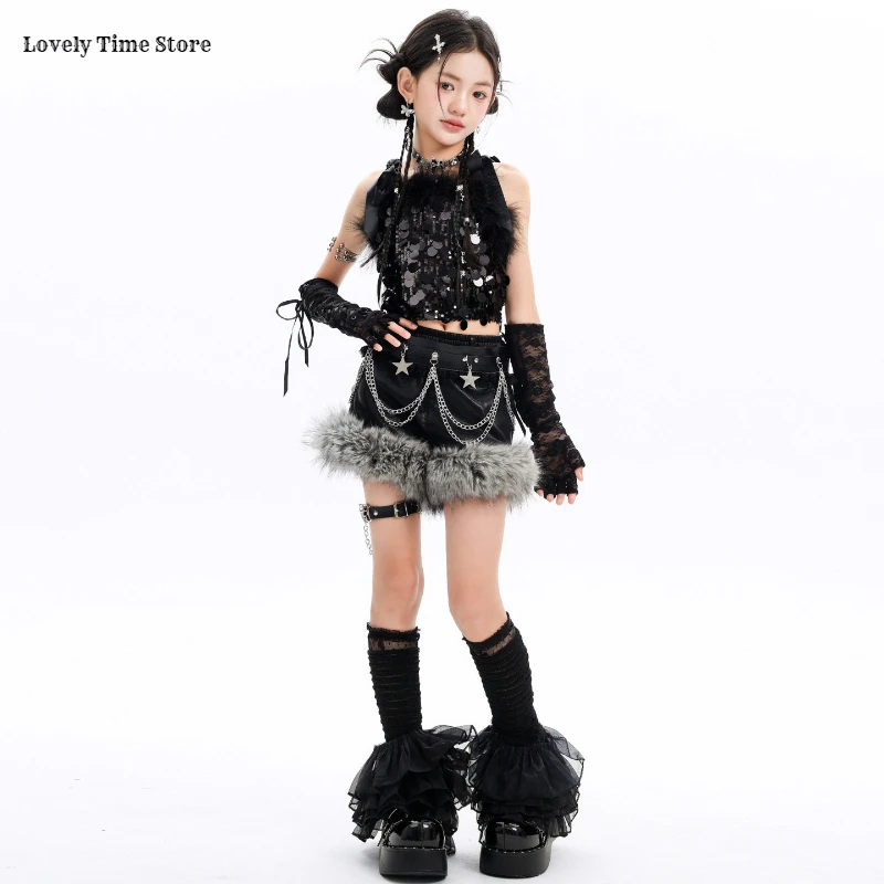 Girls Hip Hop Sequin Crop Tank Top Street Dance Shorts Kids K-pop Shiny Jazz Clothes Sets Children Girl Group Streetwear Costume - Image 6