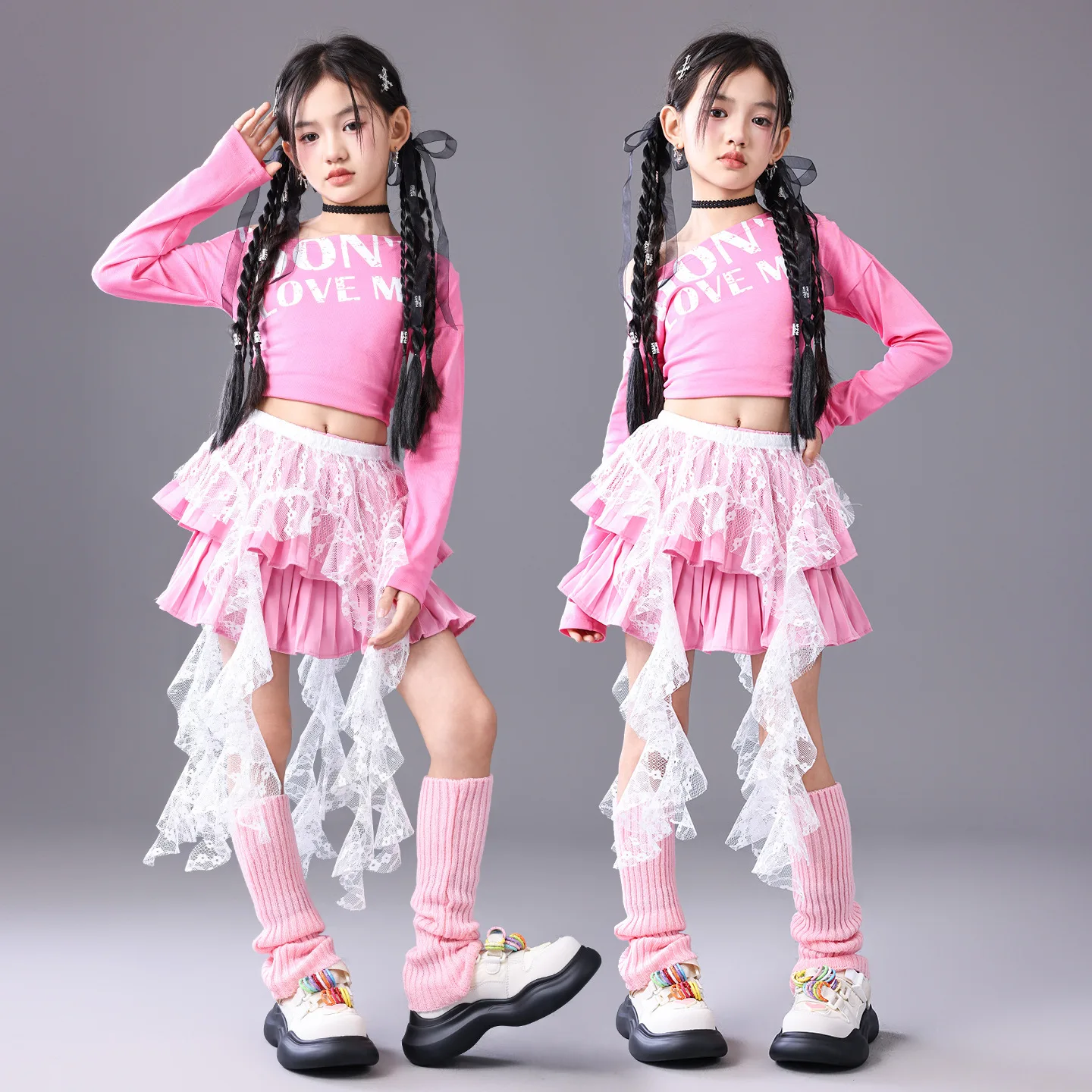 Girls Hip Hop Off Shoulder Crop Top Street Dance Skirts Cargo Pants Children Streetwear Jeans Kids K-pop Girl Group Clothes Set - Image 2