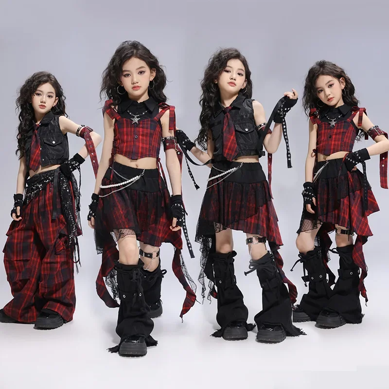New Girls Hip Hop Clothing Fashion Street Dance Crop Top Plaid Pants Skirt Teenager Kpop Jazz Dance Stage Performance Costume