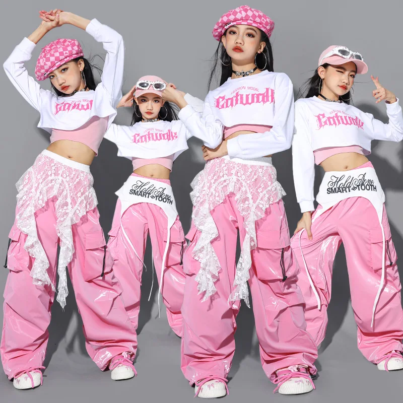 Jazz Dance Clothes For Girls Kpop Outfit Hip Hop Performance Wear Pink Shuffle Pants Kid Street Dance Show Fashion Suit - Image 3