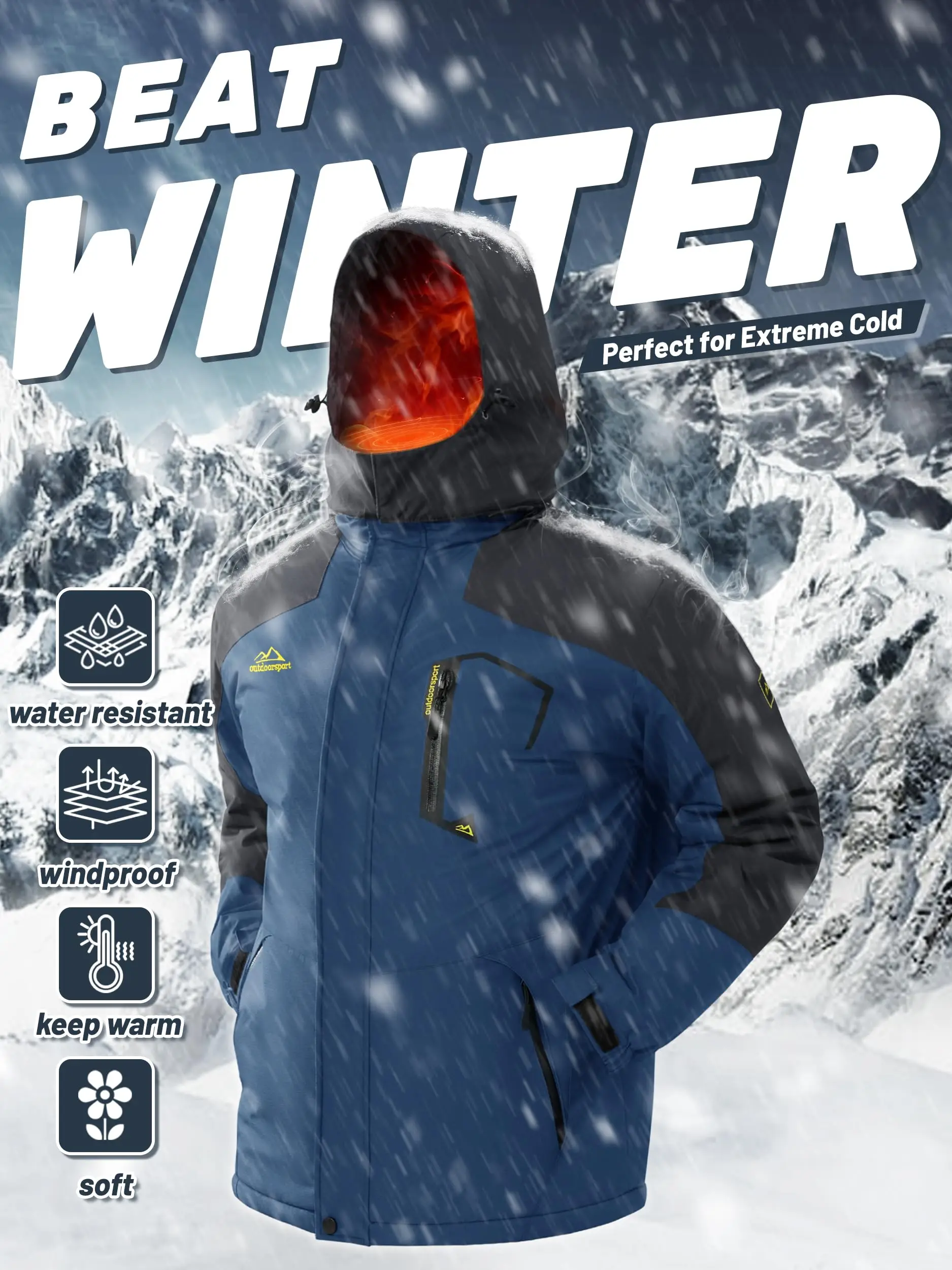 Men's Water-Resistant Ski Jacket Winter Fleece Lined Snow Coat Warm Windproof Outdoor Jacket - Image 6