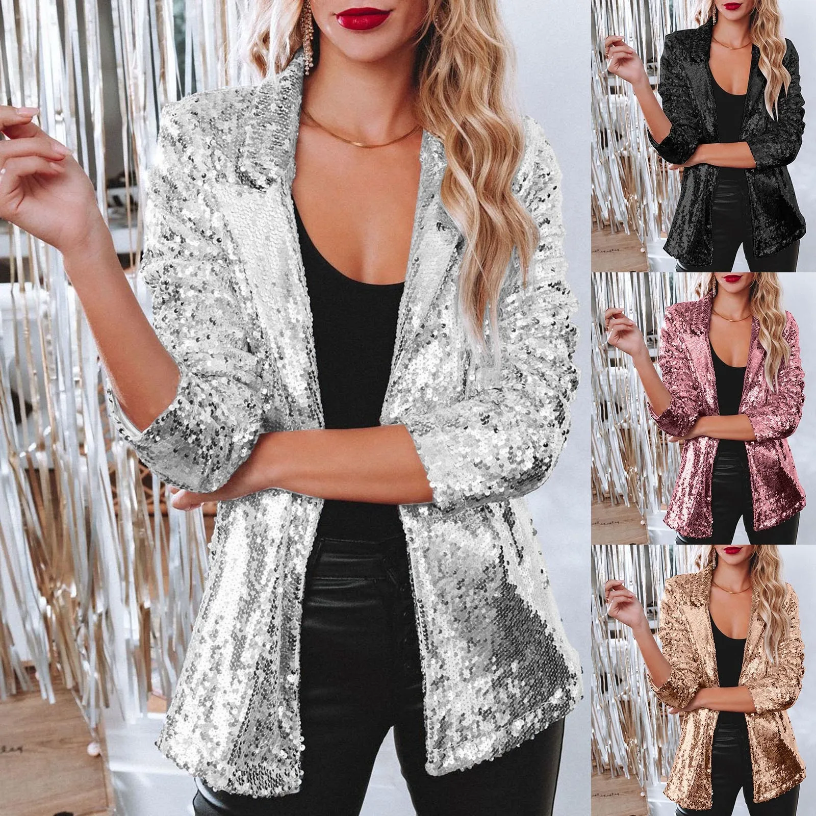 Shiny Sequins Party Jackets For Women Solid Glossy Color Lapel Neck Quarter Sleeve Right Shoulder Waist Jackets Chaquetas