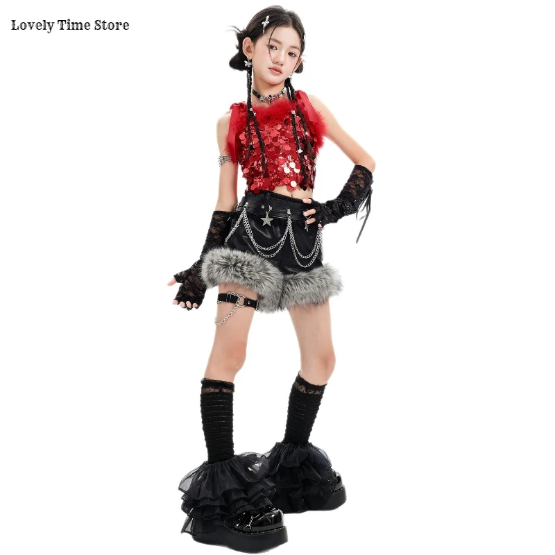 Girls Hip Hop Sequin Crop Tank Top Street Dance Shorts Kids K-pop Shiny Jazz Clothes Sets Children Girl Group Streetwear Costume - Image 5
