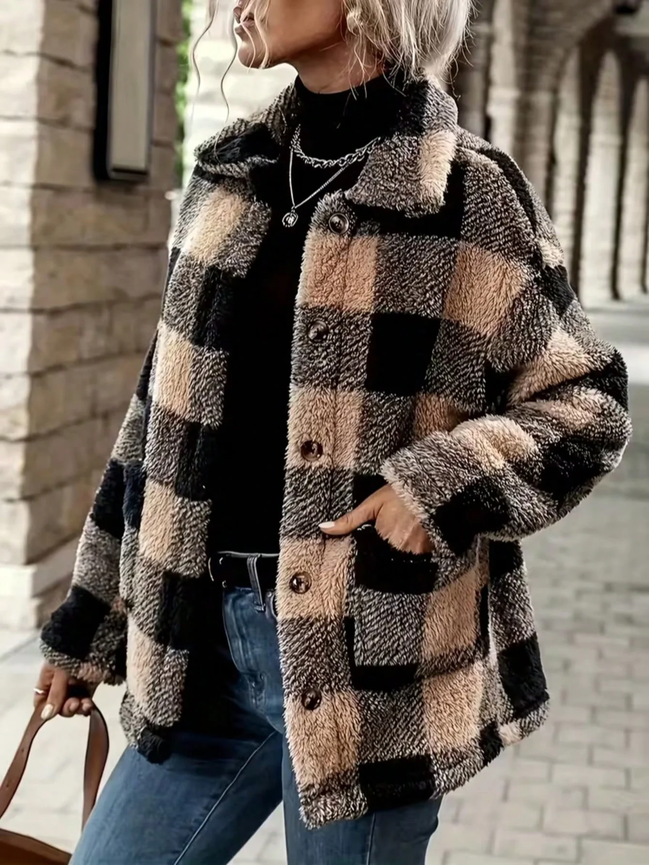 Women's Plaid Fluffy Fleece Lapel Shacket Jacket Fall Clothes 2026 for Women - Image 2