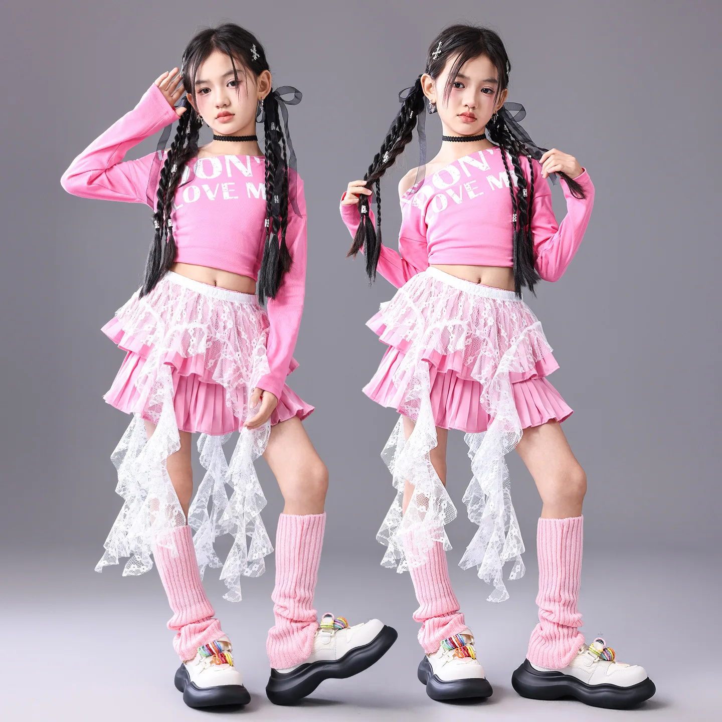 Girls Hip Hop Off Shoulder Crop Top Street Dance Skirts Cargo Pants Children Streetwear Jeans Kids K-pop Girl Group Clothes Set - Image 4