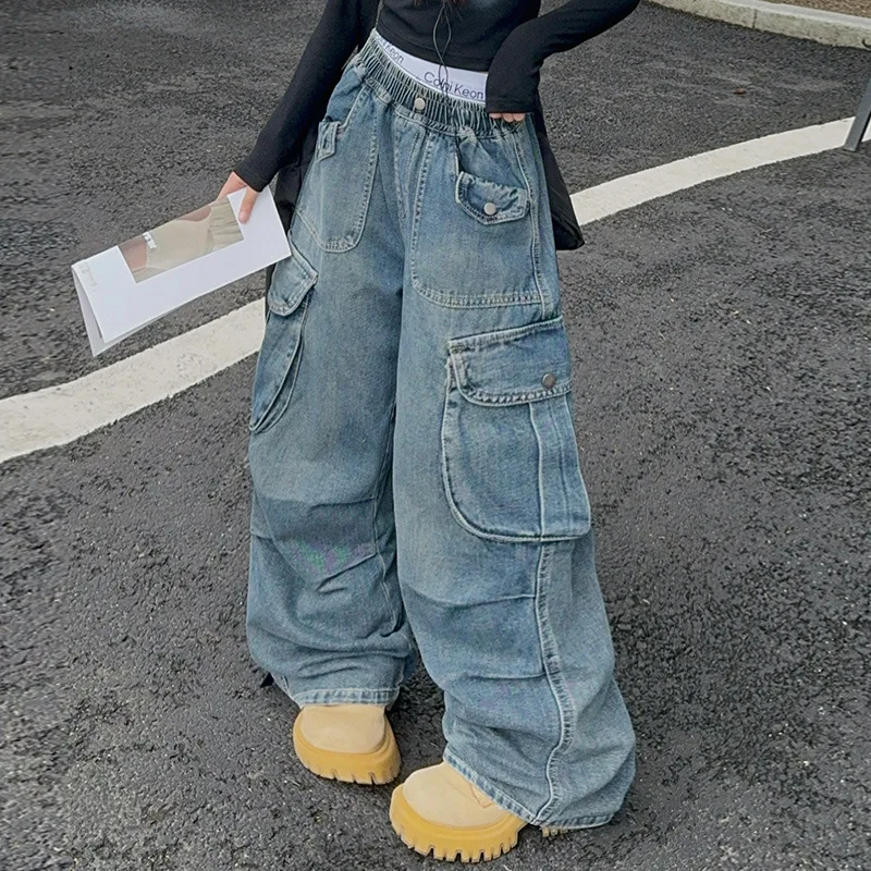Spring Fall Teen Girls Jeans Junior Kids Causal Denim Cargo Pants Multiple Pockets Street Dance Trousers Hip Hop Outfits 4-14Y