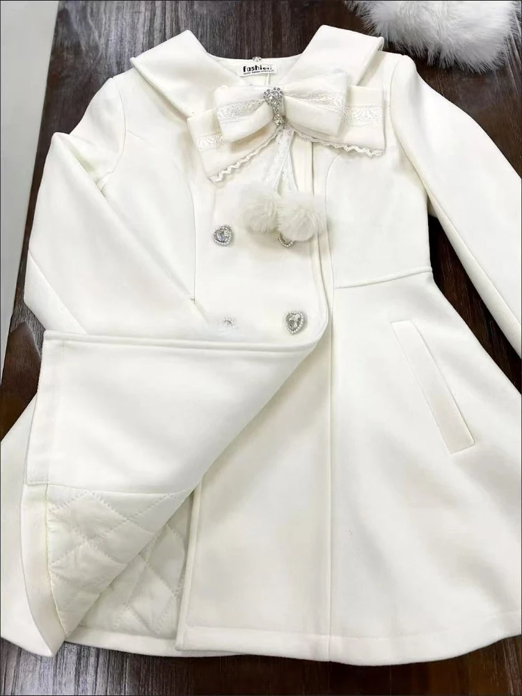 Japanese Autumn Winter Elegant Kawaii Coat Women Faux Fur Collar Long Sleeve Tops Casual Lolita Bow Button Warm Sweet Jacket - Image 4