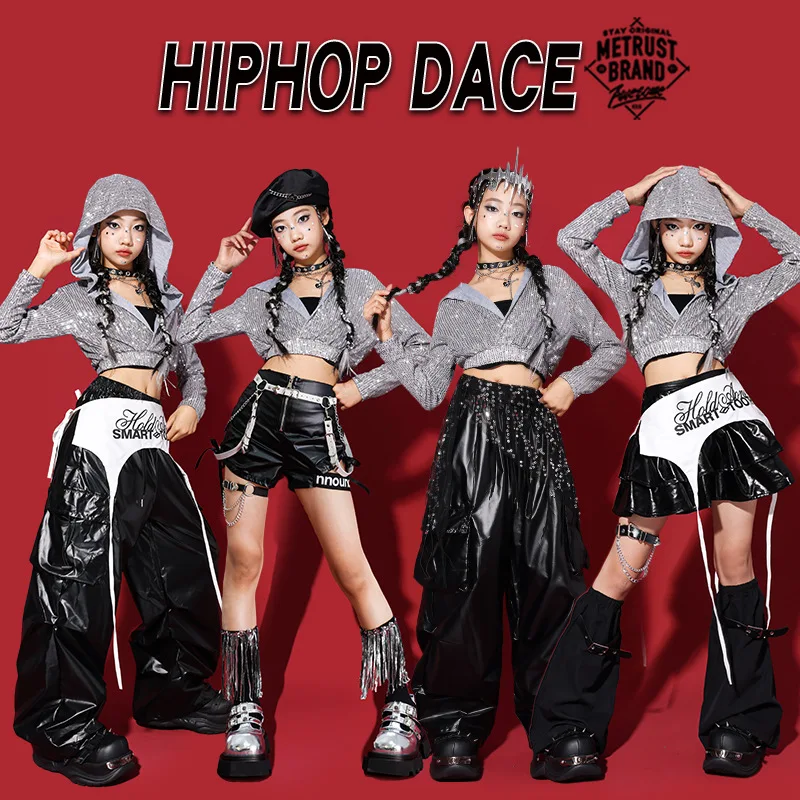 Girls K-pop Silver Black Sequin Hoodies Street Dance Shorts Loose Pants Kids Hip Hop Jazz Shiny Clothes Sets Children Streetwear - Image 2