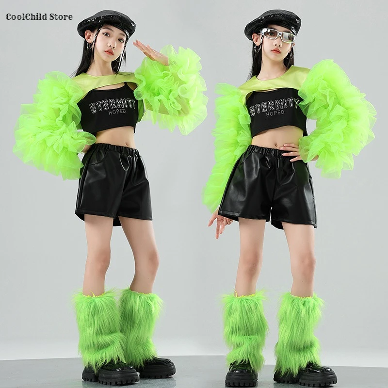 Girls Green Puff Sleeve Crop Top Street Dance Pu Shorts Kids Hip Hop Jazz Clothes Sets Child Streetwear K-pop Girl Group Costume - Image 4