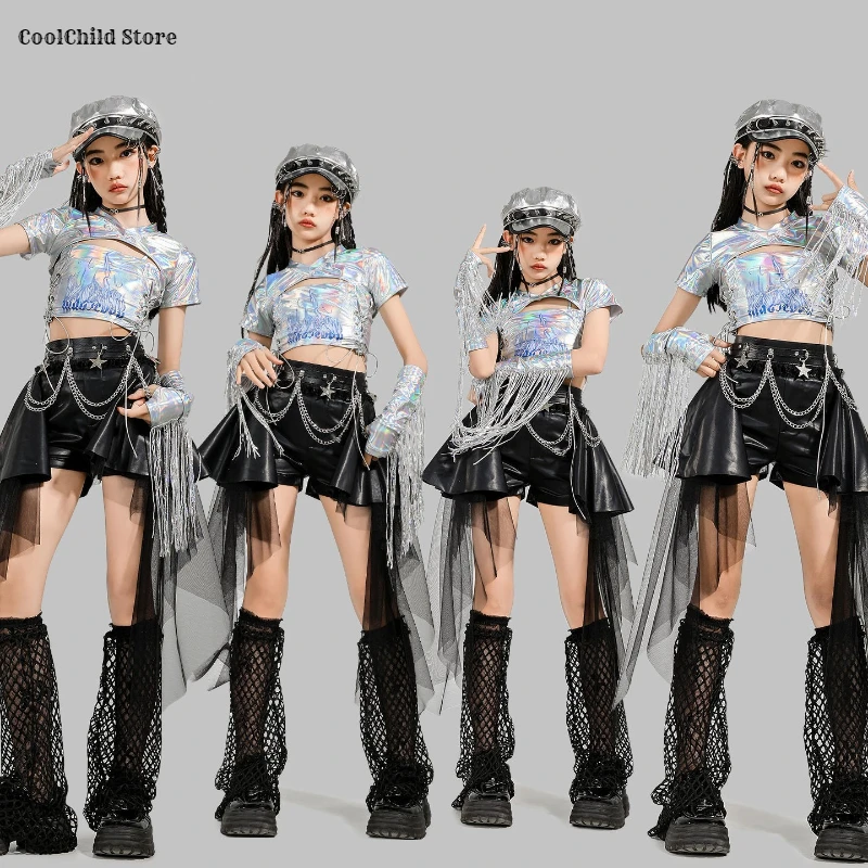 Girls K-pop Silver Shiny Crop Top Street Dance Ribbon Skirt Kids Hip Hop Jazz Clothes Set Children Streetwear Girl Group Costume