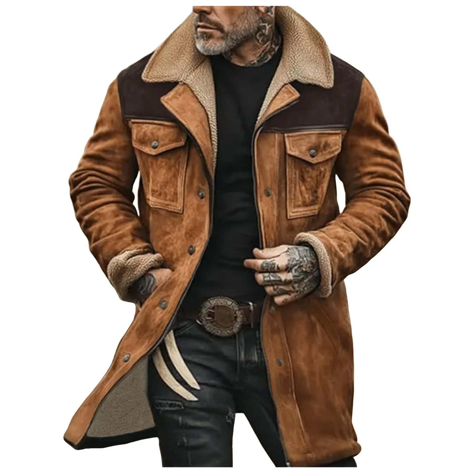 Men'S Winter Jacket 2024 Medium Long Leisure Suede Color Blocked Cotton Jacket With Multiple Pockets And Zippered Retro Coats