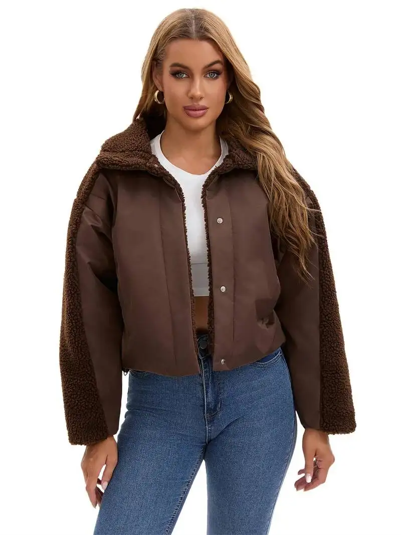 2025 Lambswool Spliced Coat Women's Short Cotton-Padded Jackets Autumn Winter Loose Warm Outerwear Female Fleece-Lining Parkas