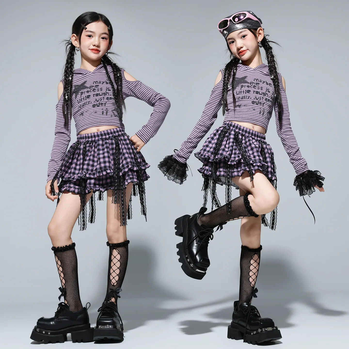 Girls Hip Hop Striped Top And Plaid Skirt Set Street Dance Fashion K-pop Streetwear Group Jazz Cheerleader Costumes Cool Outfit