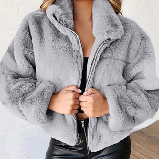 2025 Winter Women's Warm Jacket Zipper Cardigan Faux Fur Fashion Long Sleeve Stand Collar Plush Coat for Female - Image 2