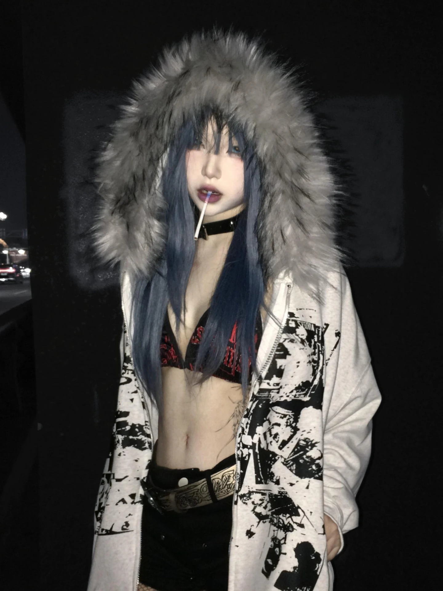 Faux Fur American Vintage Coats with Hooded Women's Y2K Sweatshirts Gothic Harajuku Subculture Punk Emo Sweatshirts and Jacket