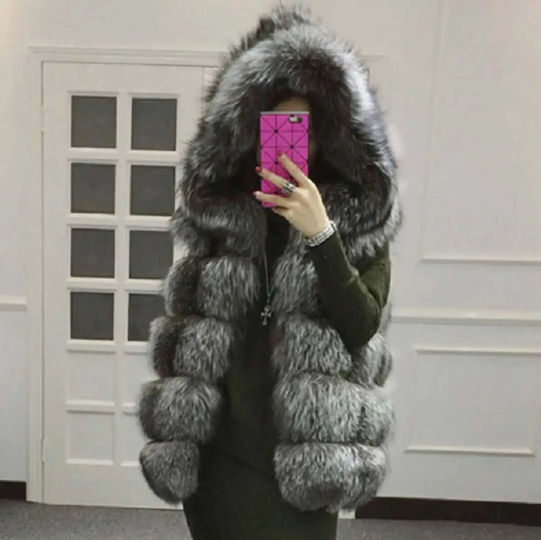 Faux Fox Fur Vest Coats Women Loose Mid Length Fur Jackets Hooded Sleeveless Thick Warm Fur Casual Slim Fit 2025 Autumn Winter