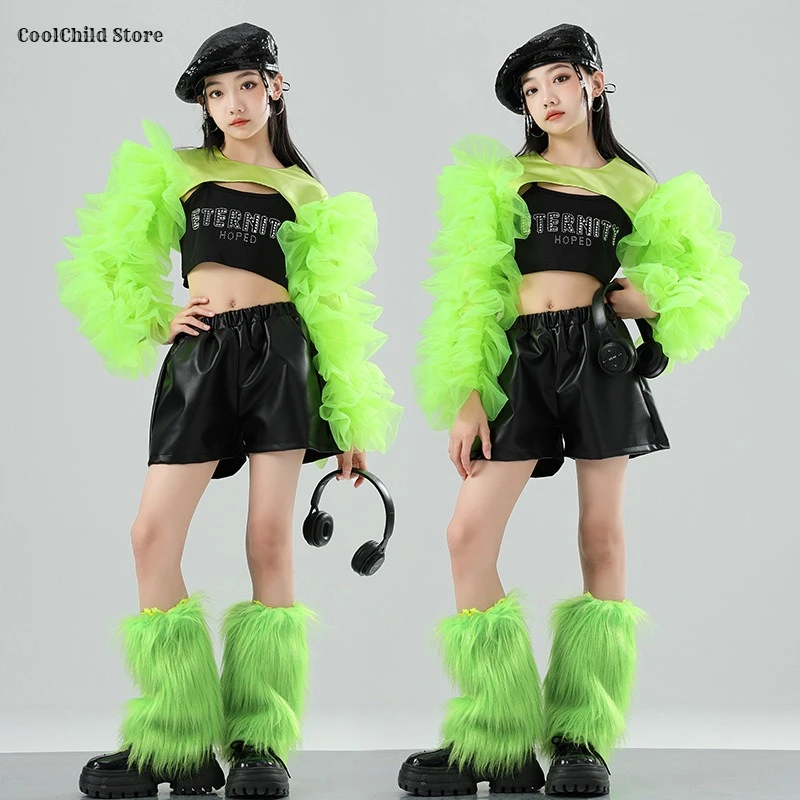 Girls Green Puff Sleeve Crop Top Street Dance Pu Shorts Kids Hip Hop Jazz Clothes Sets Child Streetwear K-pop Girl Group Costume - Image 2