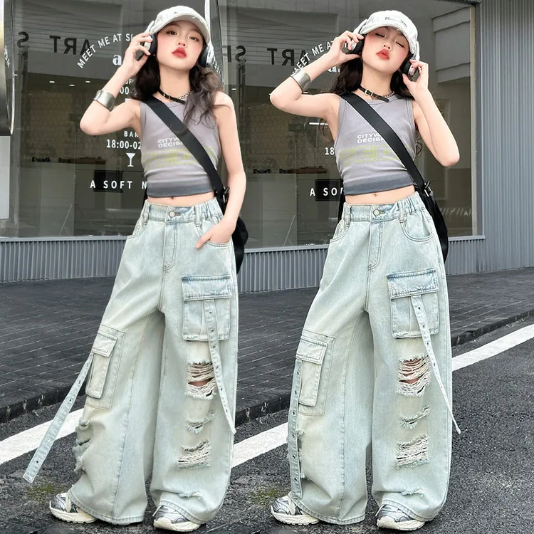 summer teen Girls Hip Hop Jazz Street Dance Clothes Multi pocket cargo pants Tie dye top junior kids jeans t-shirt child outfits