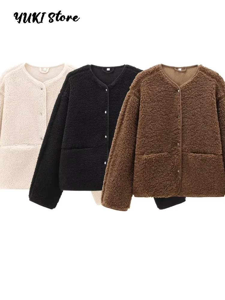 Fashion Brown Lamb Wool Coat Women Loose O-neck Single Breasted Full Sleeve Pocket Jacket 2025 Autumn Winter Lady Casual Outwear - Image 6