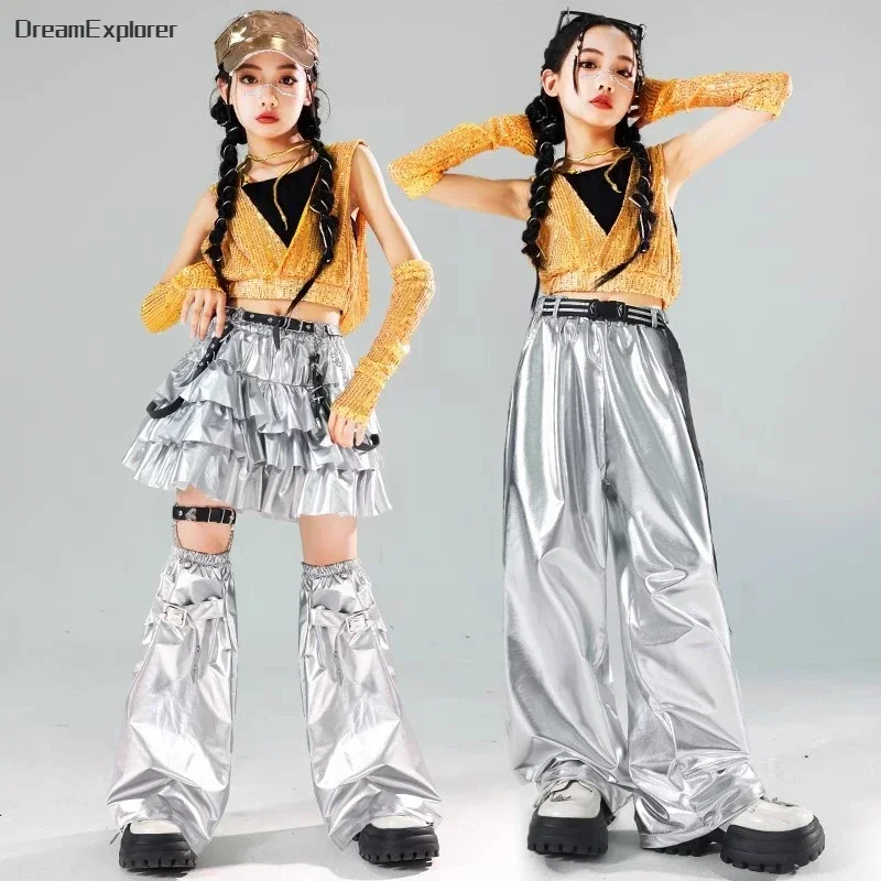 Girls K-pop Sequin Crop Hoodies Street Dance Shorts Kids Hip Hop Jazz Skirts Silver Pants Clothes Sets Child Streetwear Costumes - Image 6