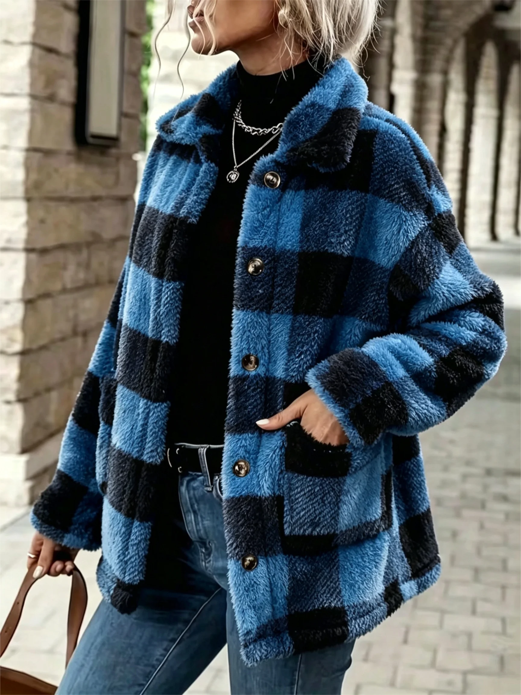 Women's Plaid Fluffy Fleece Lapel Shacket Jacket Fall Clothes 2026 for Women - Image 3
