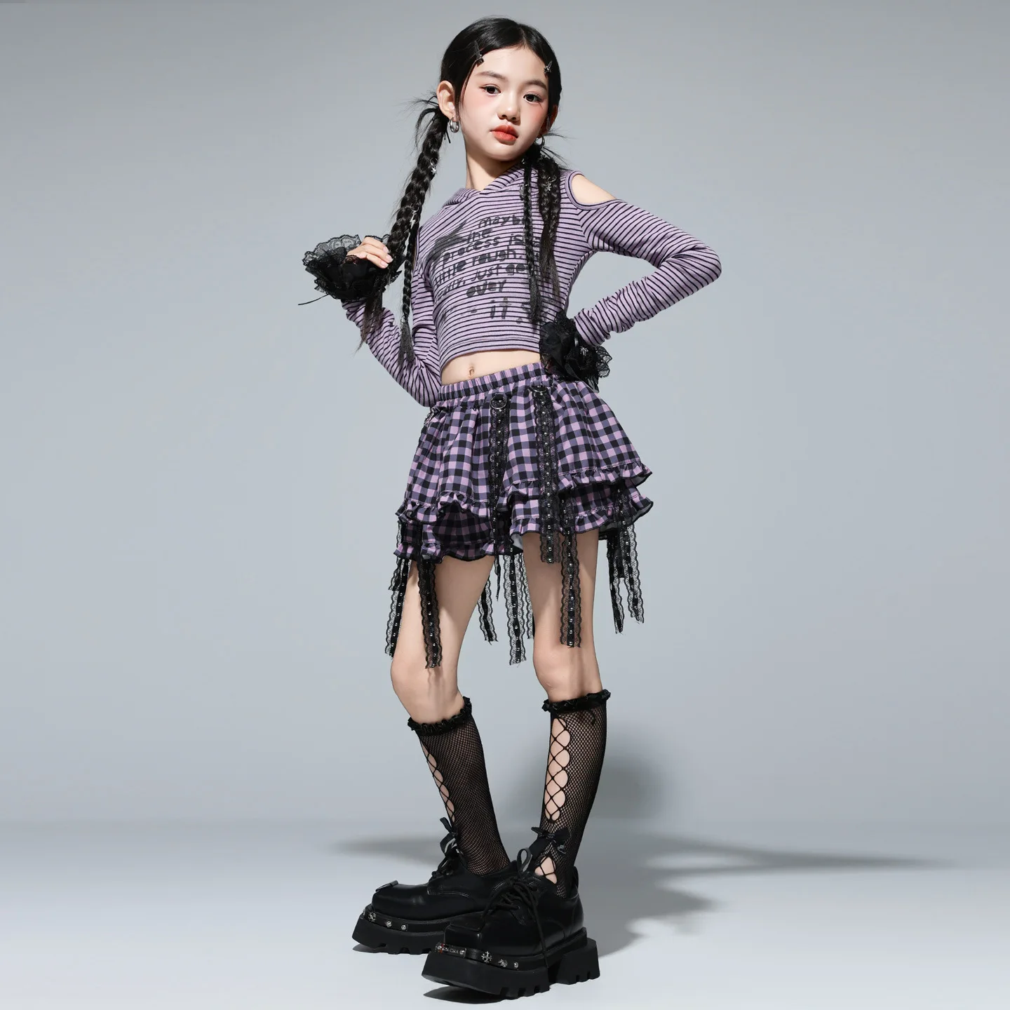 Girls Hip Hop Striped Top And Plaid Skirt Set Street Dance Fashion K-pop Streetwear Group Jazz Cheerleader Costumes Cool Outfit - Image 2