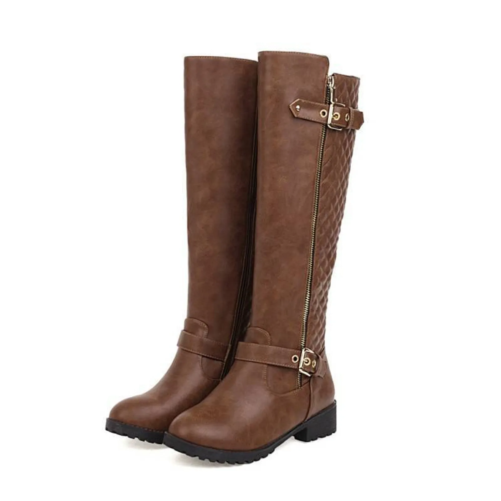 Women'S Long Zipper Belt Round Toe Chunky Heel Fashion Leather Fashion Knee Boots Womens High Boots Dress Low Heel