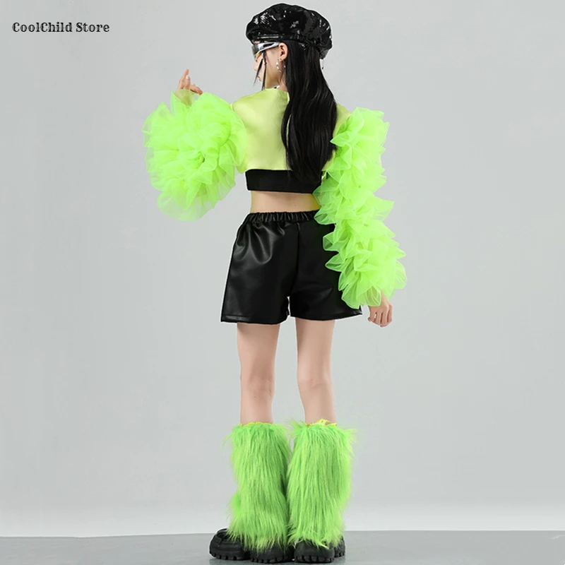 Girls Green Puff Sleeve Crop Top Street Dance Pu Shorts Kids Hip Hop Jazz Clothes Sets Child Streetwear K-pop Girl Group Costume - Image 6