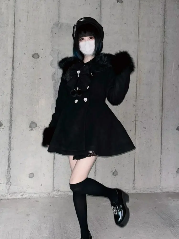 Japanese Autumn Winter Elegant Kawaii Coat Women Faux Fur Collar Long Sleeve Tops Casual Lolita Bow Button Warm Sweet Jacket - Image 5