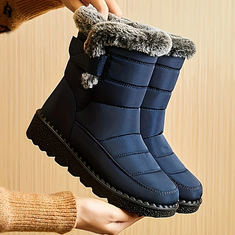 Women Winter Mid Calf Snow Boots Thick Plush Lined Warm Booties Magic Strap Waterproof Non Slip Flat Sole Thermal Shoes for Daily Walking Cold Weather Black Navy Wine Red Multi Colors Ladies Casual Winter Footwear