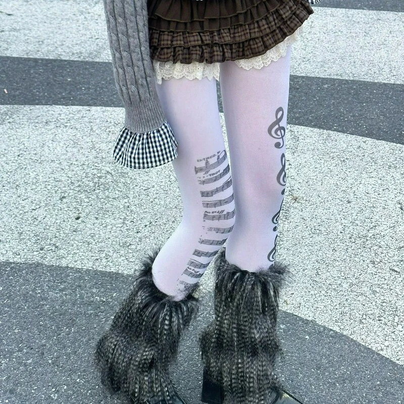 Gothic Music Note Tights for Women Subculture Piano Patterned Stockings Girls Black White Elastic Graffiti Pantyhose Leggings - Image 5