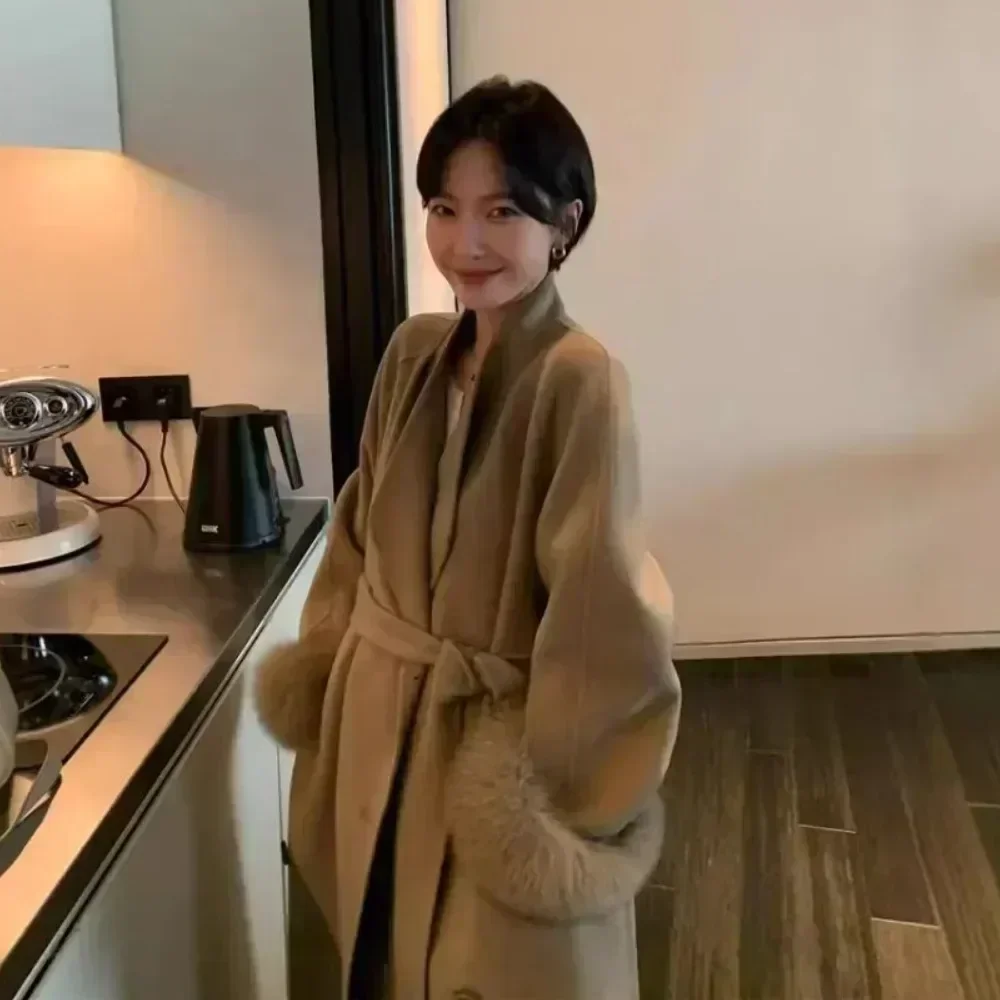 Women Double Face Wool Maxi Coat Luxury Real Fox Fur Coat Clean Line Minimalist Long Autumn Winter Premium Outerwear Fashion - Image 3