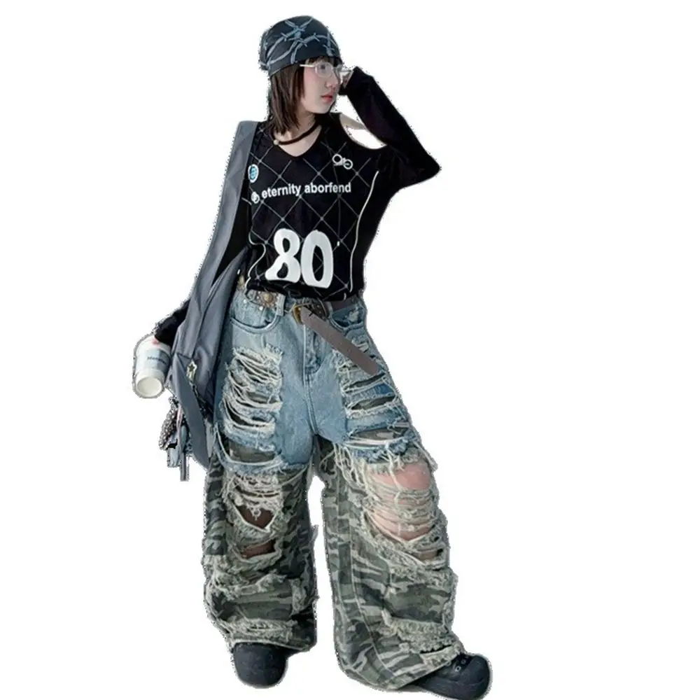 Summer Camouflage Spliced Jeans for Teen Girls 4-14 Junior Wide-leg Pants Hip Hop Jazz Street Dance Kids Trousers with Big Holes - Image 6