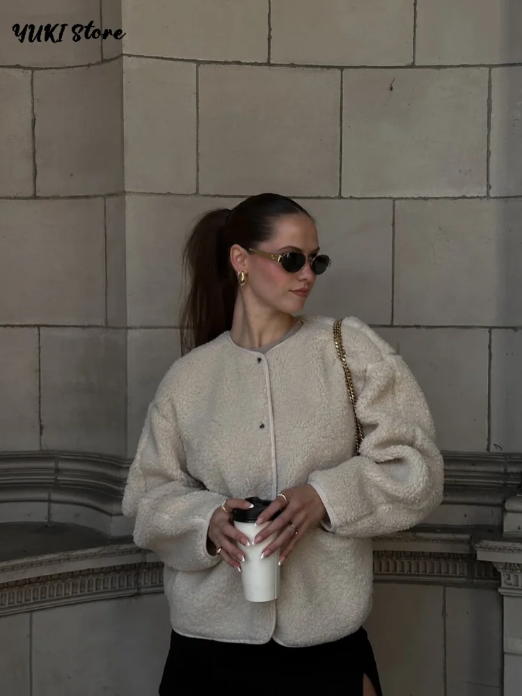 Fashion Brown Lamb Wool Coat Women Loose O-neck Single Breasted Full Sleeve Pocket Jacket 2025 Autumn Winter Lady Casual Outwear - Image 2