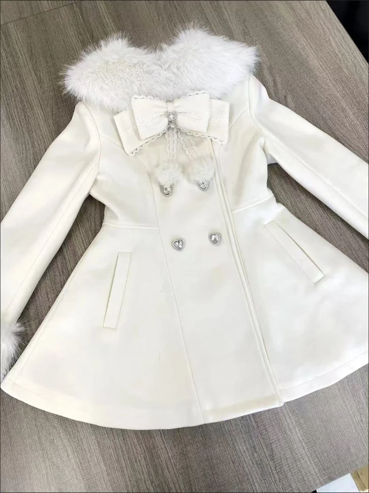 Japanese Autumn Winter Elegant Kawaii Coat Women Faux Fur Collar Long Sleeve Tops Casual Lolita Bow Button Warm Sweet Jacket - Image 2