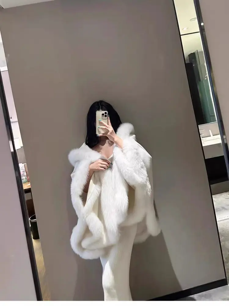 Chic Faux Fur Shawl Collar Hooded Coat Sweet Girl Plush Seductive Cowl Neck Long Sleeve Women's Thickened Autumn Winter Coat - Image 4