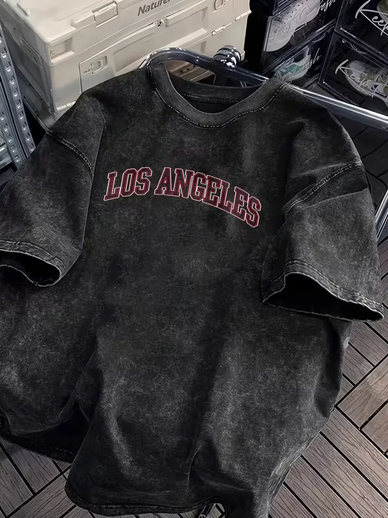 Vintage Washed Los Angeles Arch Letter Graphic T-Shirt, Retro USA City Casual Washed Black Crew Neck Short Sleeve Unisex Top