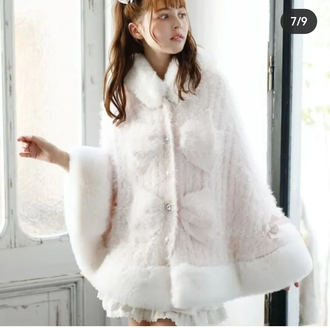 Japanese Liz Sweet Princess Faux Rabbit Fur Cape Coat Women Autumn Winter Fur Jacket Loose Clock Rhinestone Bow Hooded Coat - Image 4