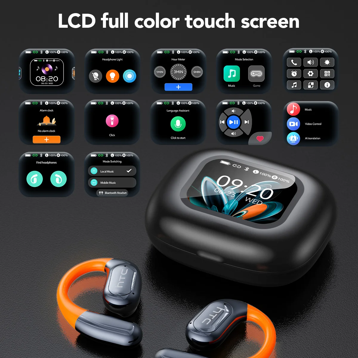 Bluetooth Wireless Headset HTC NE27 AI Real-Time Language Translator Earbuds Ear Hook Touch LCD Display ENC 2026 Choice - Image 4