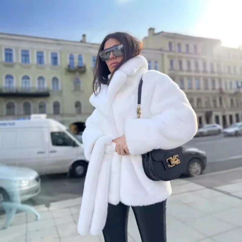 Women Faux Fur Short Coats Jackets Stand Collar Coat Thick Warm Y2k Streetwear Jacket Elegant Lace Up Outerwear Autumn Winter - Image 3