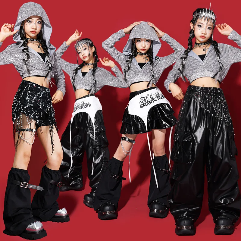 Girls K-pop Silver Black Sequin Hoodies Street Dance Shorts Loose Pants Kids Hip Hop Jazz Shiny Clothes Sets Children Streetwear